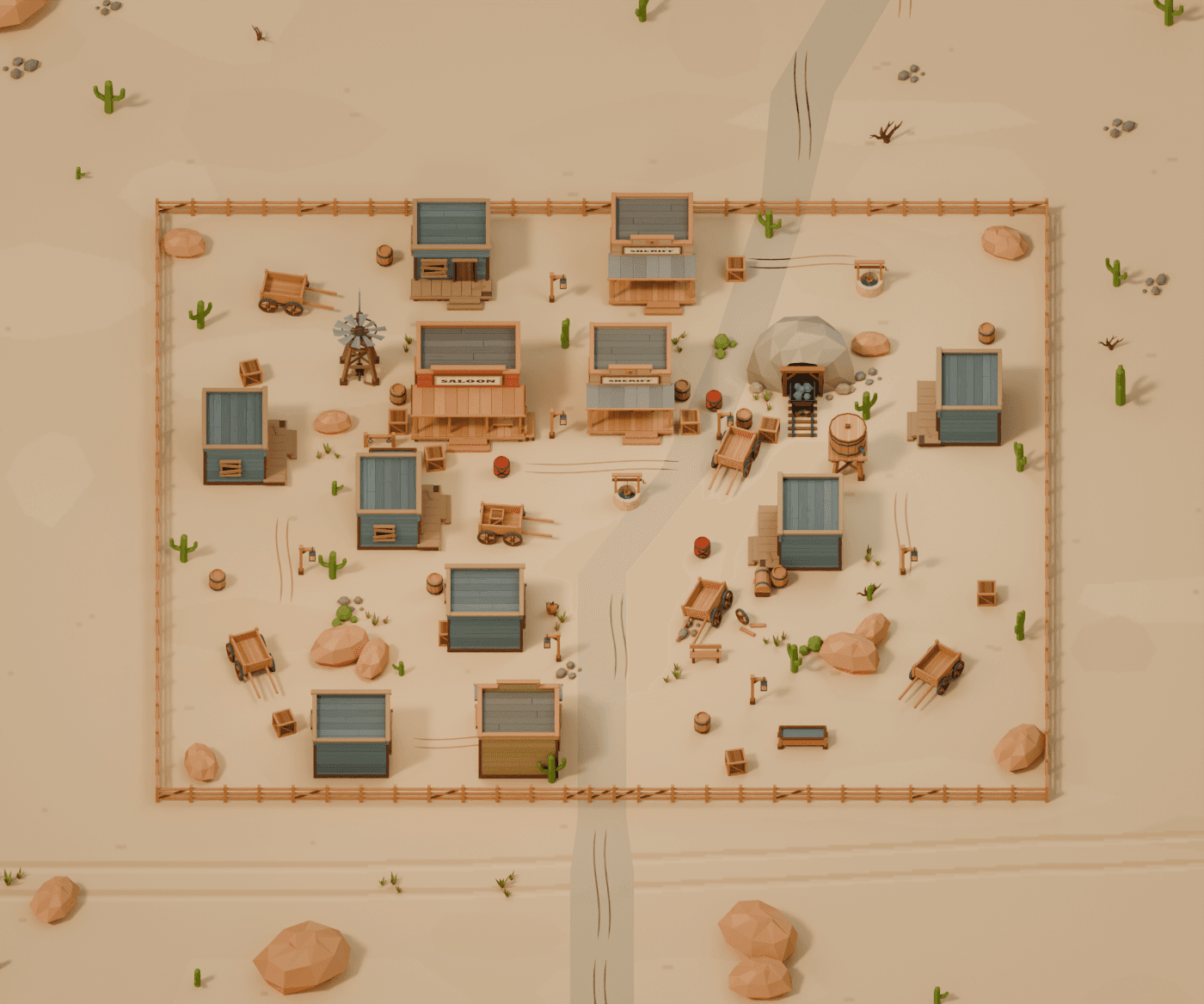 The actual First Town arena: saloon, mine, wagons and twisting streets