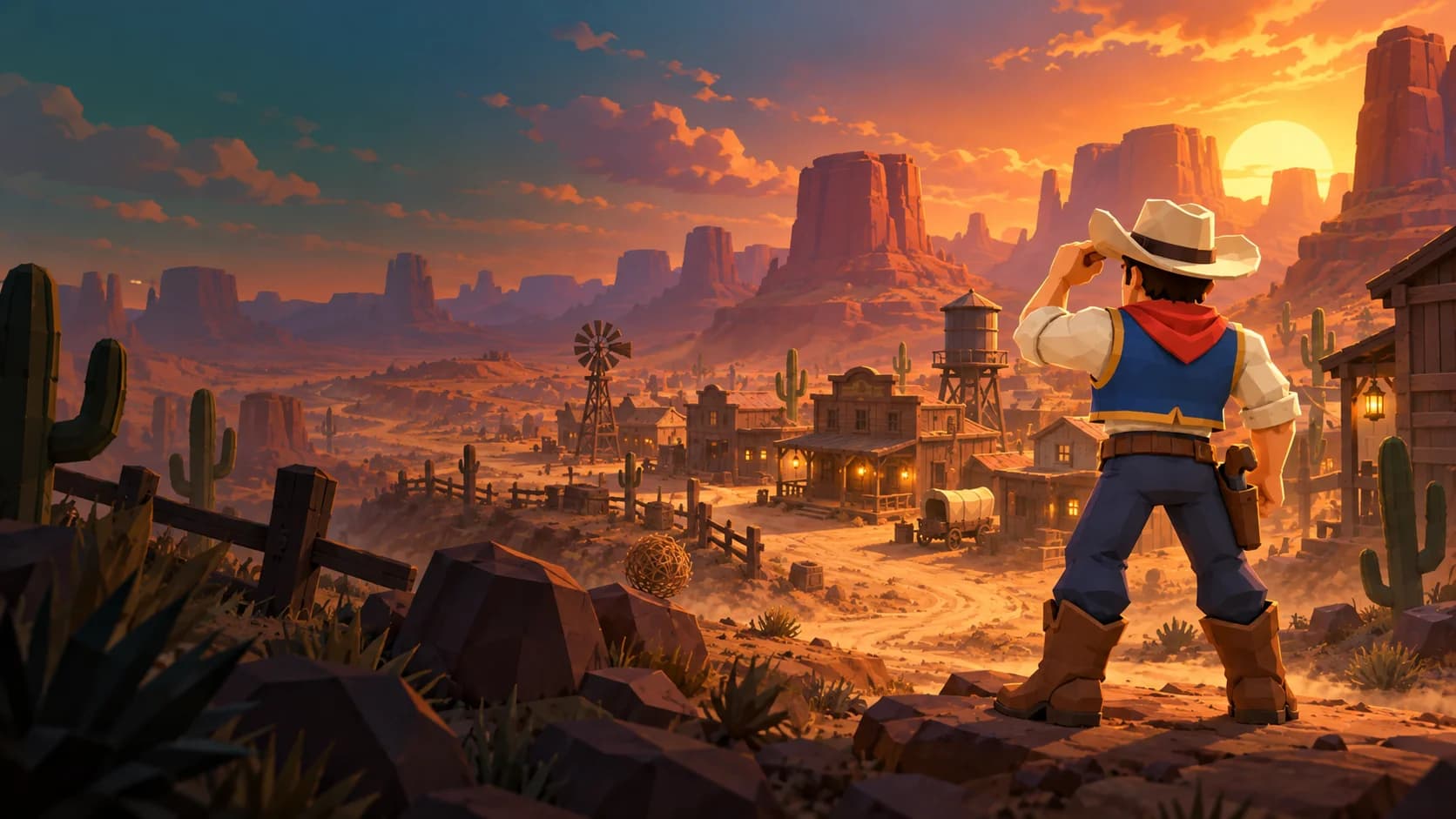 Our cowboy looks out over a frontier town and red desert mesas at sunset